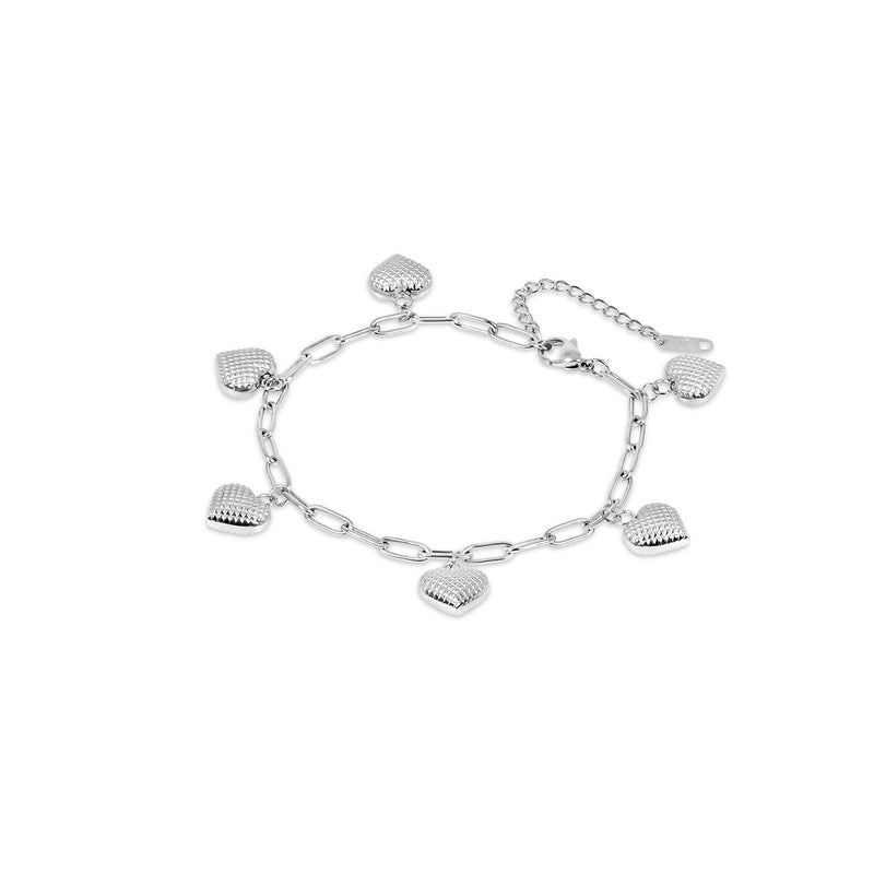 Textured Heart Pendant Anklet - Silver
