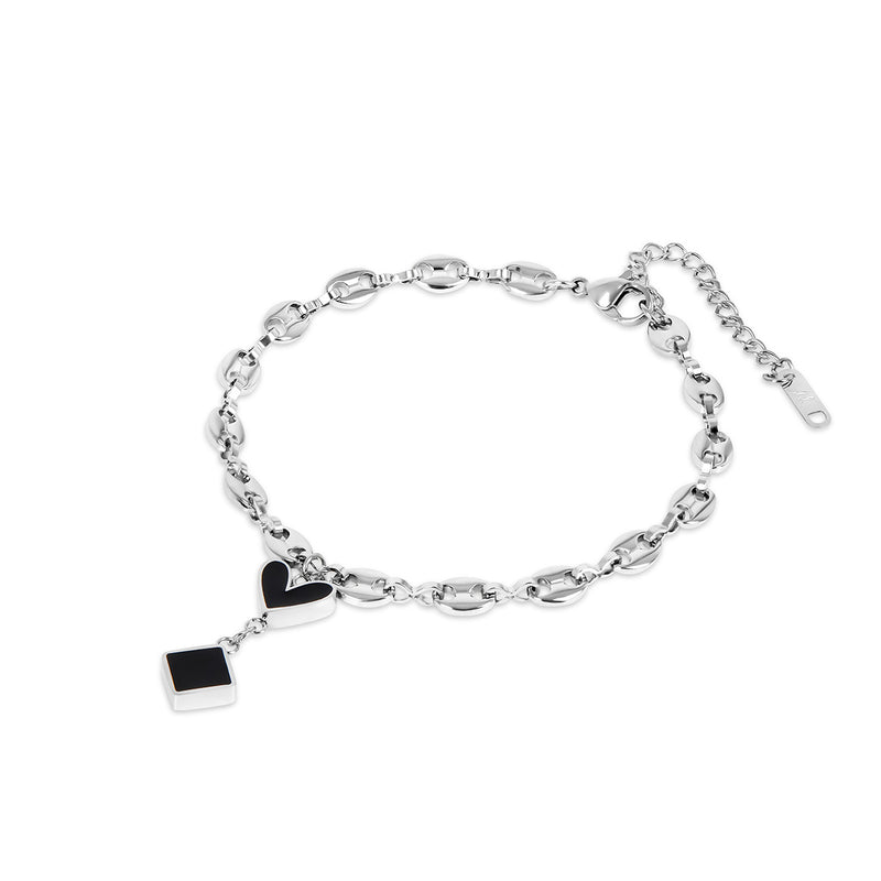 Onyx Heart Shell Chain Anklet - Silver