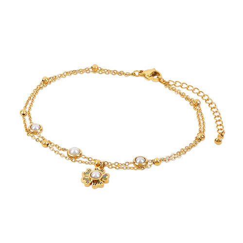 Floral Pearl Double Chain Anklet - Gold