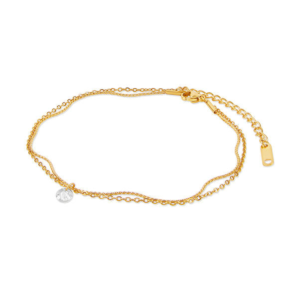 Stone Drop Double Chain Anklet - Gold