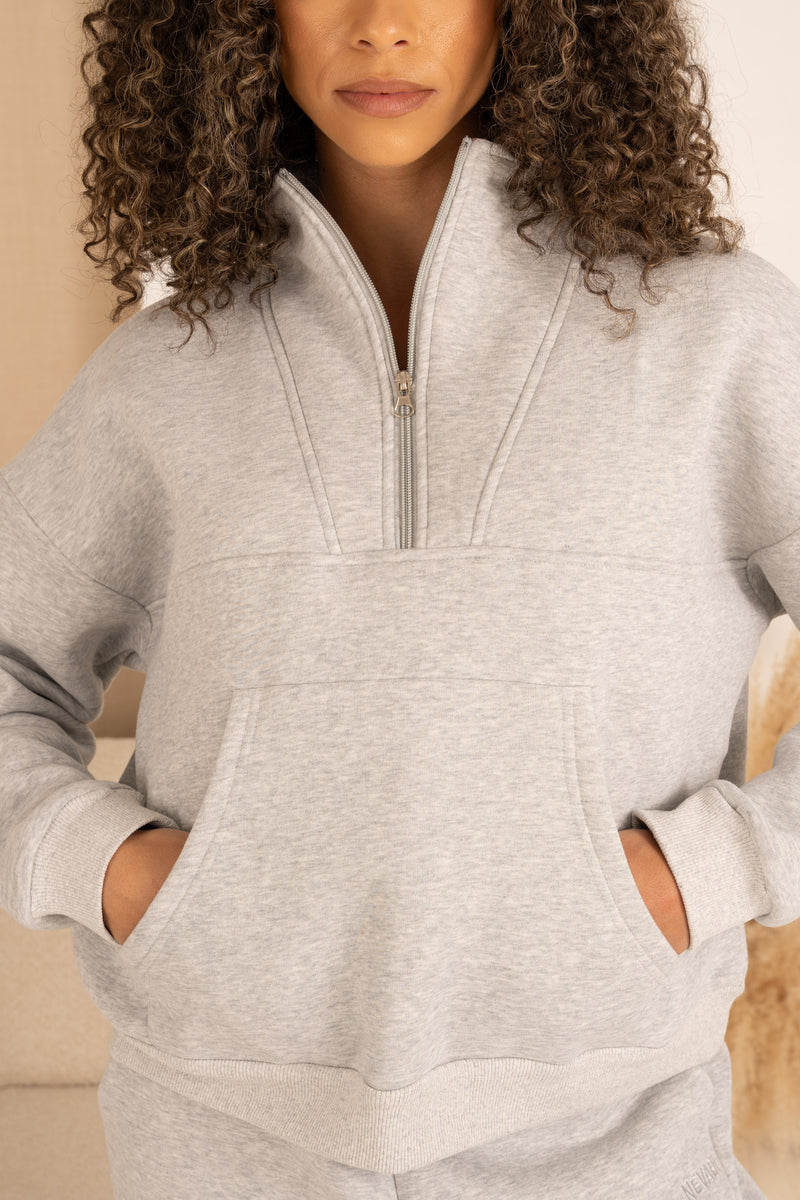 Sweatshirt mit Viertelreißverschluss - Grau meliert