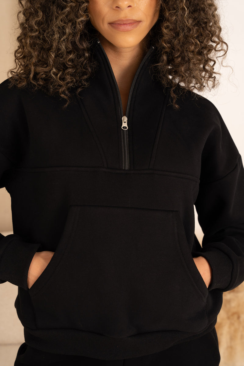 Sweatshirt mit Viertelreißverschluss - Schwarz