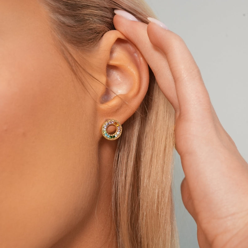 Multi-Colour Gem Stud Earrings - Gold
