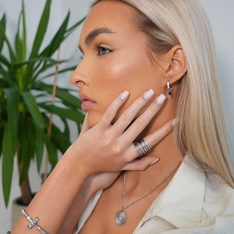 Opal Stone Huggie Earrings - Silver