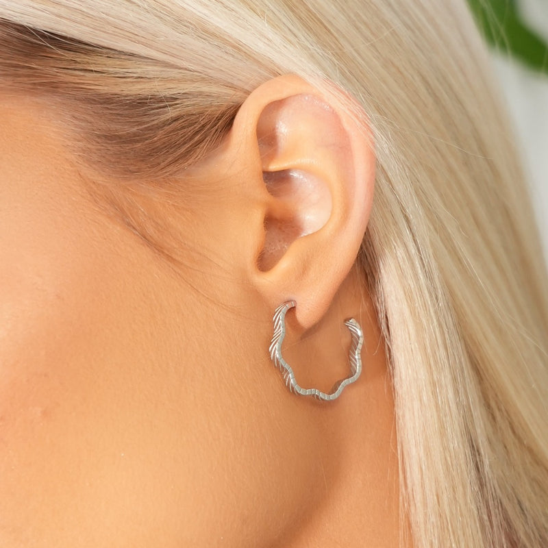 Asymetrical Textured Hoop Earrings - Silver