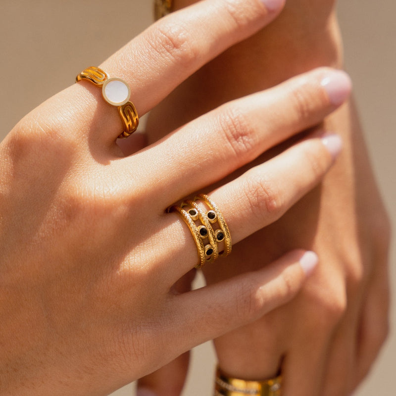 Shell Marble 4 Piece Full Set (Necklace, Ring, Bracelet, Earrings) - Gold