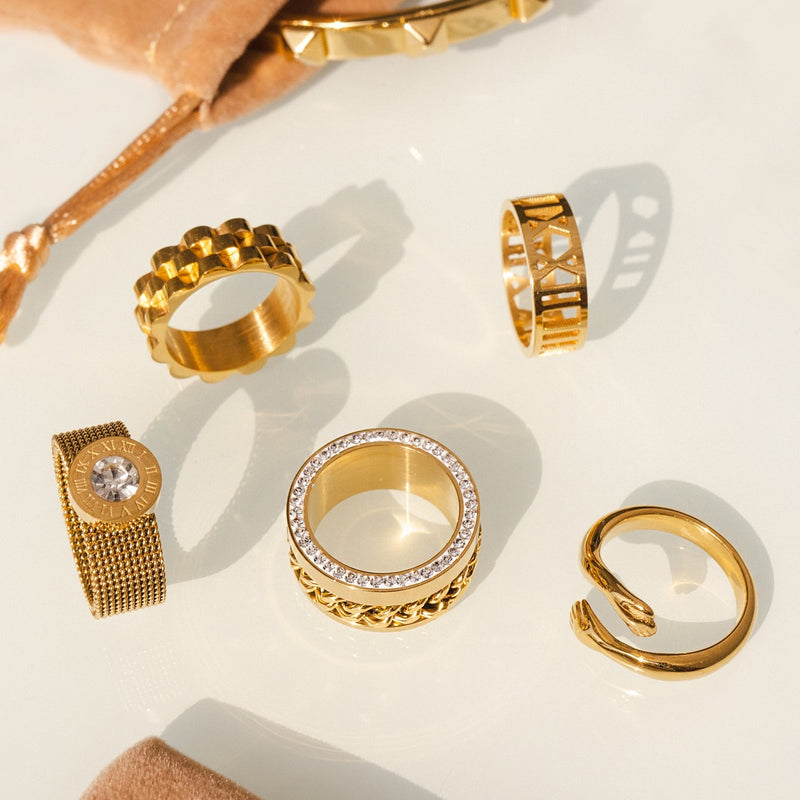 Mesh Strap Latin Stone Ring – Gold/Gold
