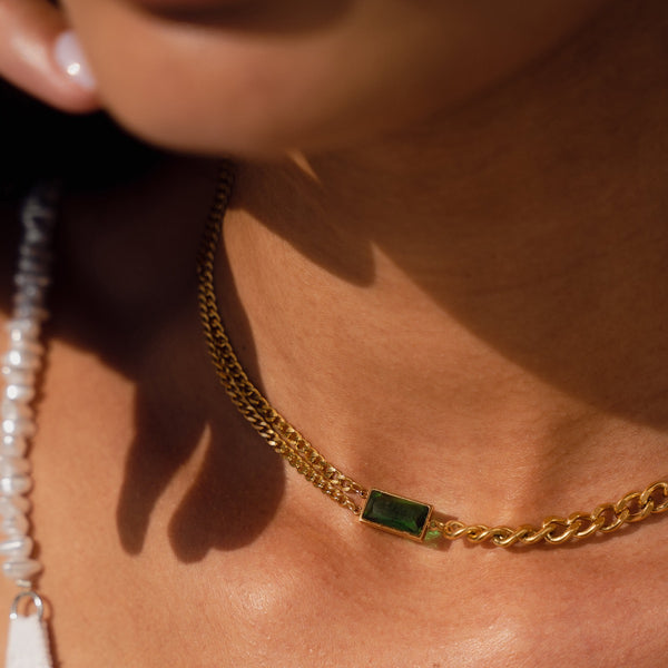 Double Chain Cuban Emerald Necklace - Gold