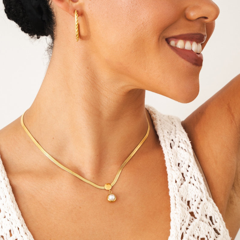 Perlen-Anhänger Halskette mit Schlangenkette - Gold