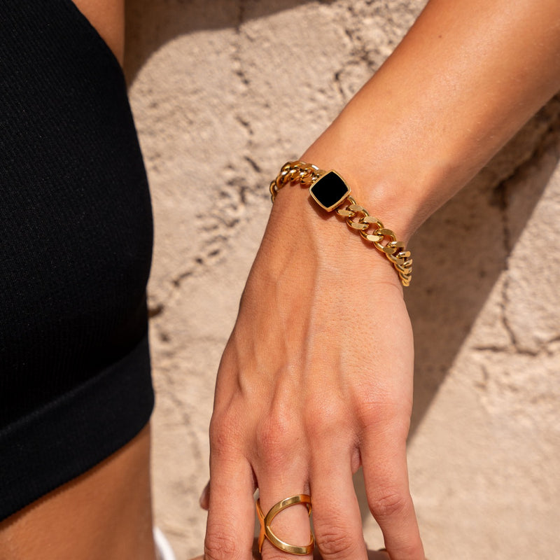 Onyx Square Pendant Cuban Bracelet - Gold