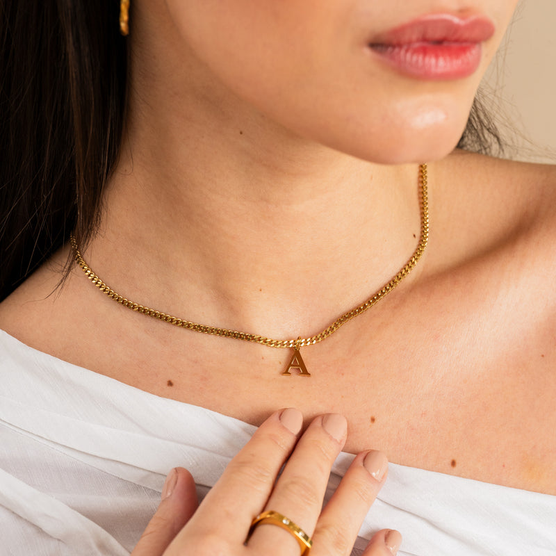 Curb Chain Initial Necklace - Gold