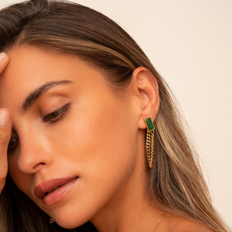 Emerald Cuban Dangle Earrings - Gold