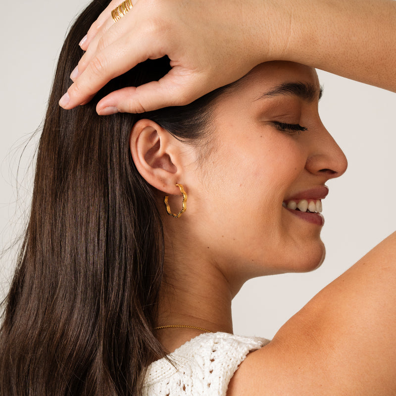 Asymmetrical Textured Hoop Earrings - Gold