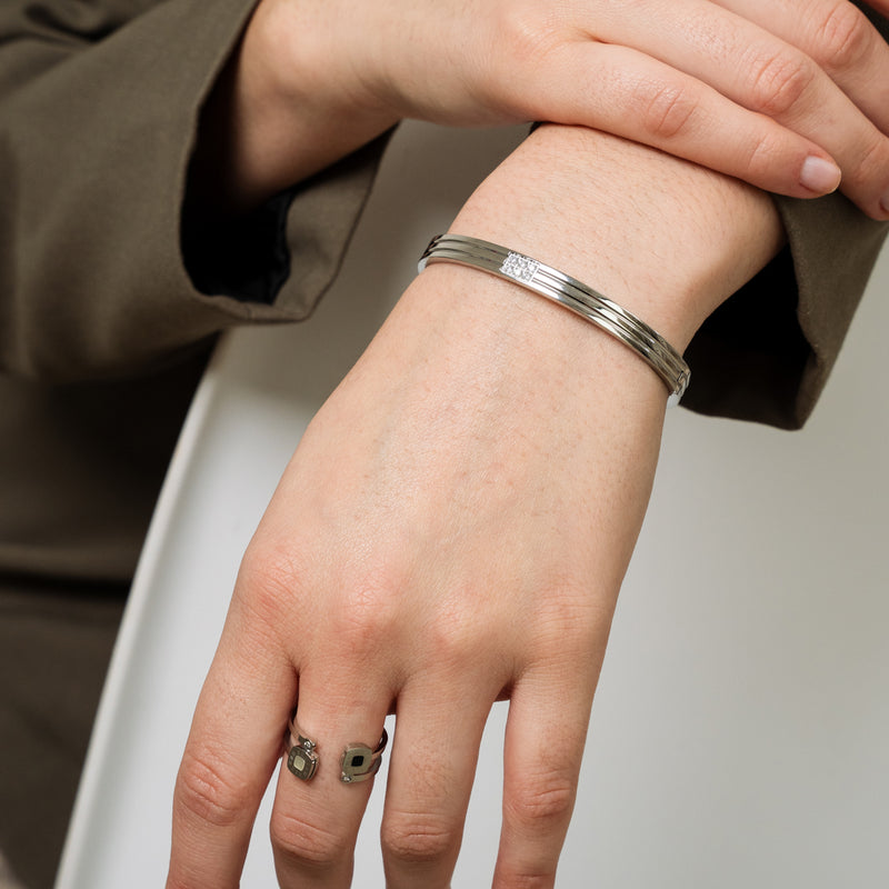 Carved Stone Bangle Bracelet  - Silver