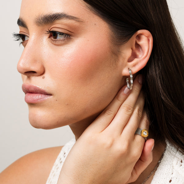 Asymetrical Textured Hoop Earrings - Silver