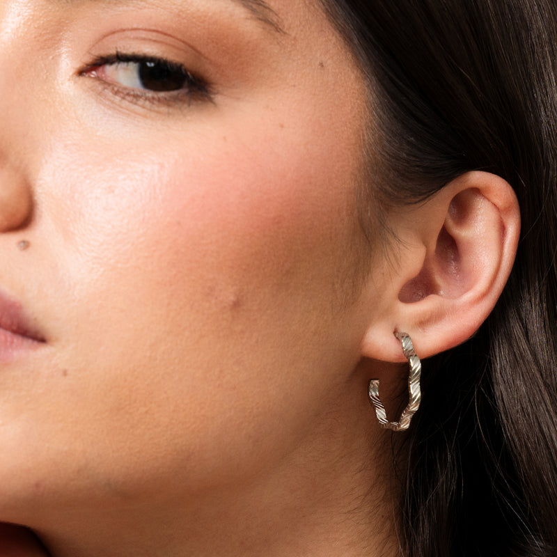 Asymmetrical Textured Hoop Earrings - Silver