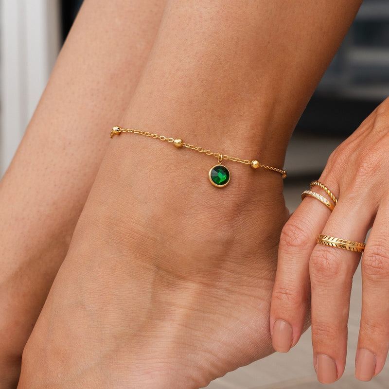 Emerald Ball Chain Anklet - Gold