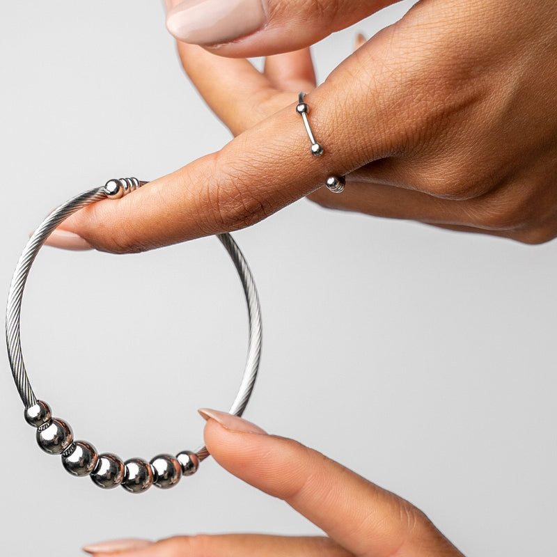 Beaded Adjustable Fidget Ring - Silver