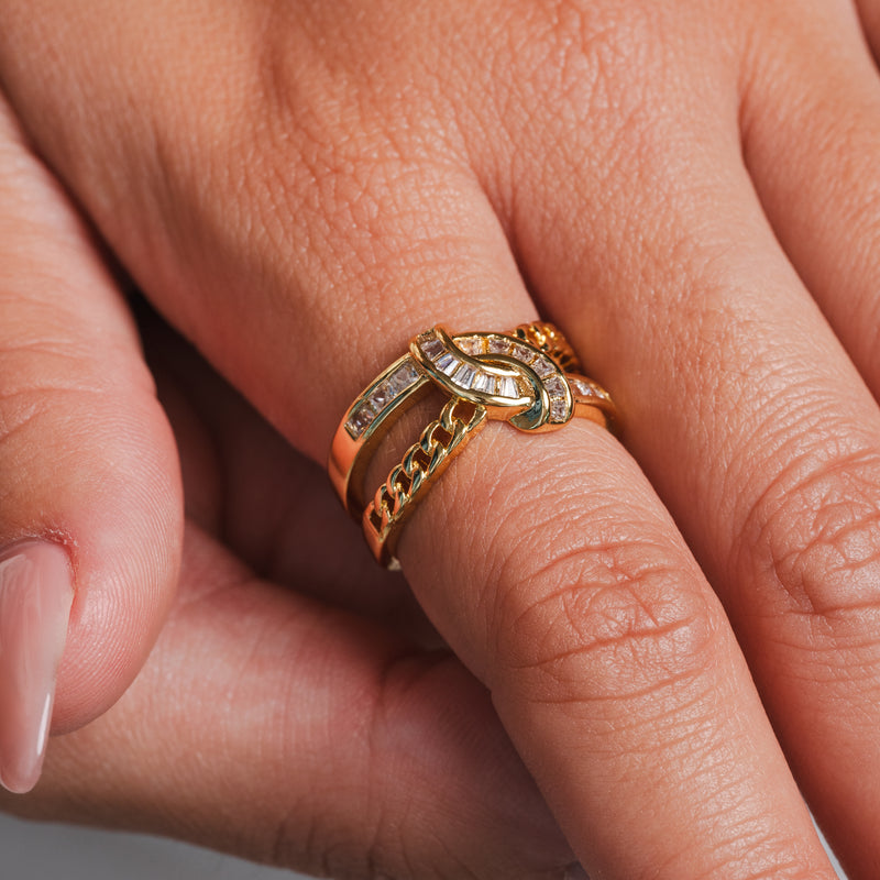 Woven Double Layer Stone Ring - Gold