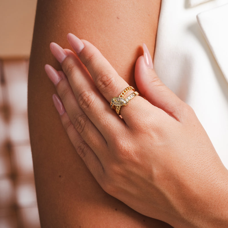 Woven Double Layer Stone Ring - Gold