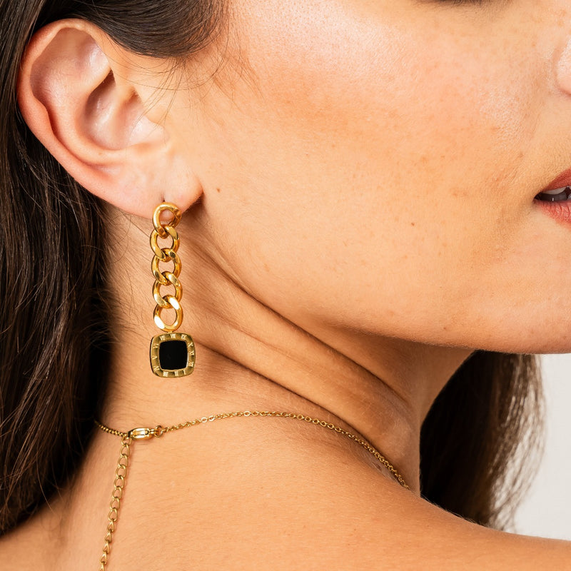 Square Latin Onyx Dangle Earrings - Gold