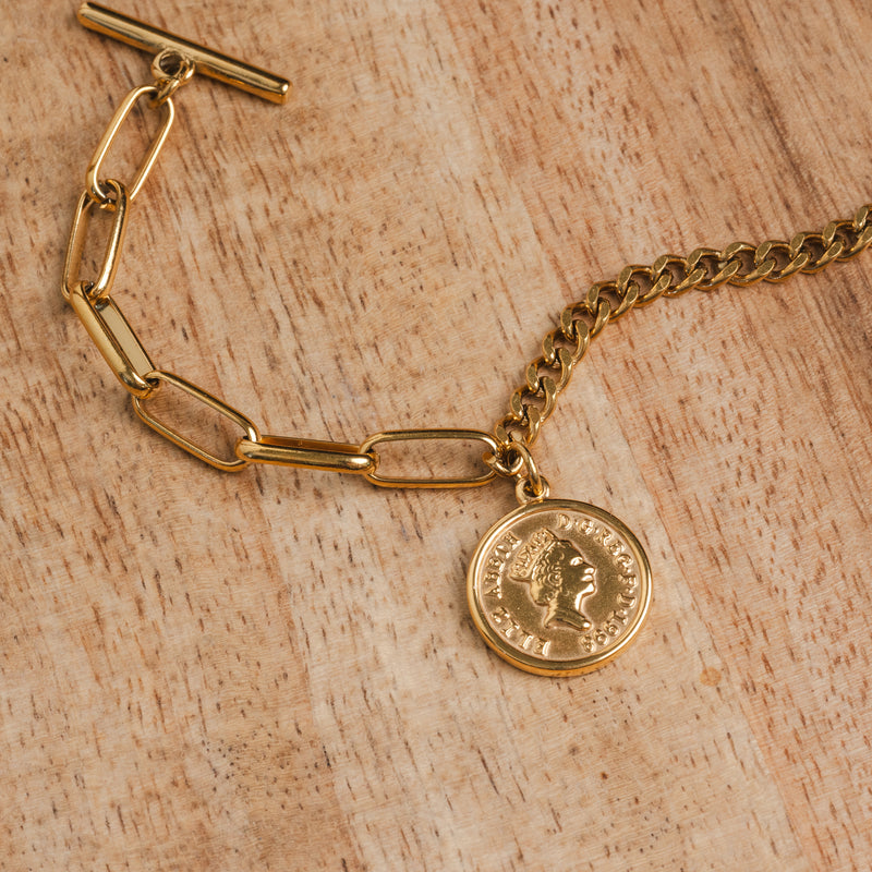 Coin Contrast Pendant Chain Bracelet - Gold