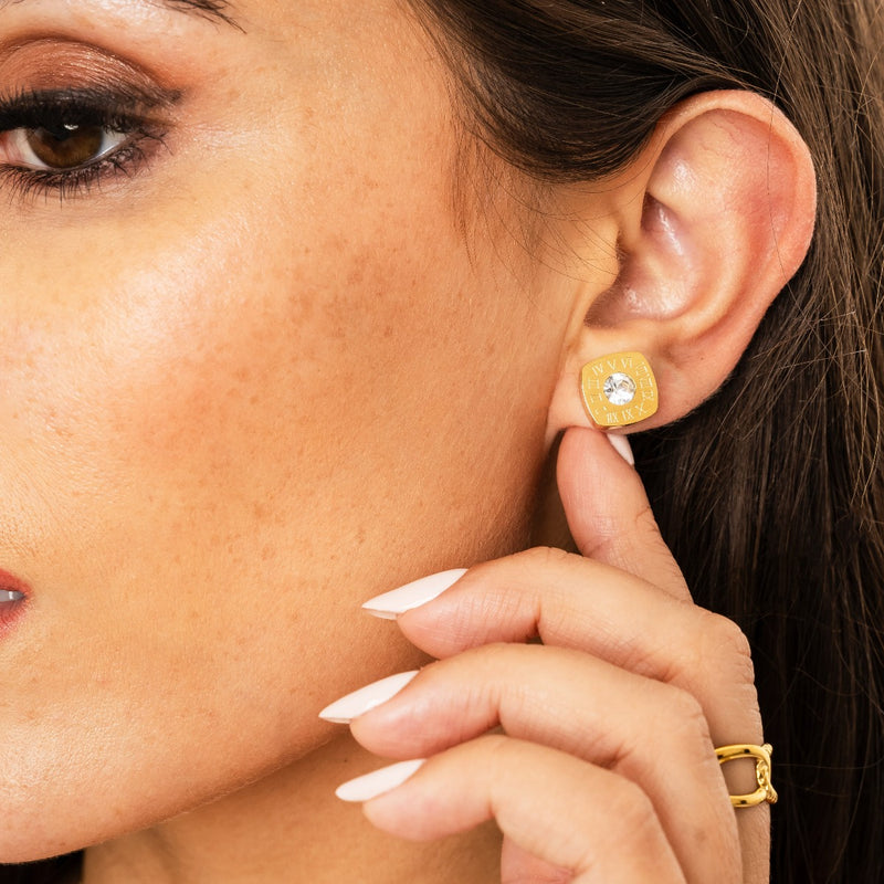 Square Latin Stud Stone Earrings - Gold