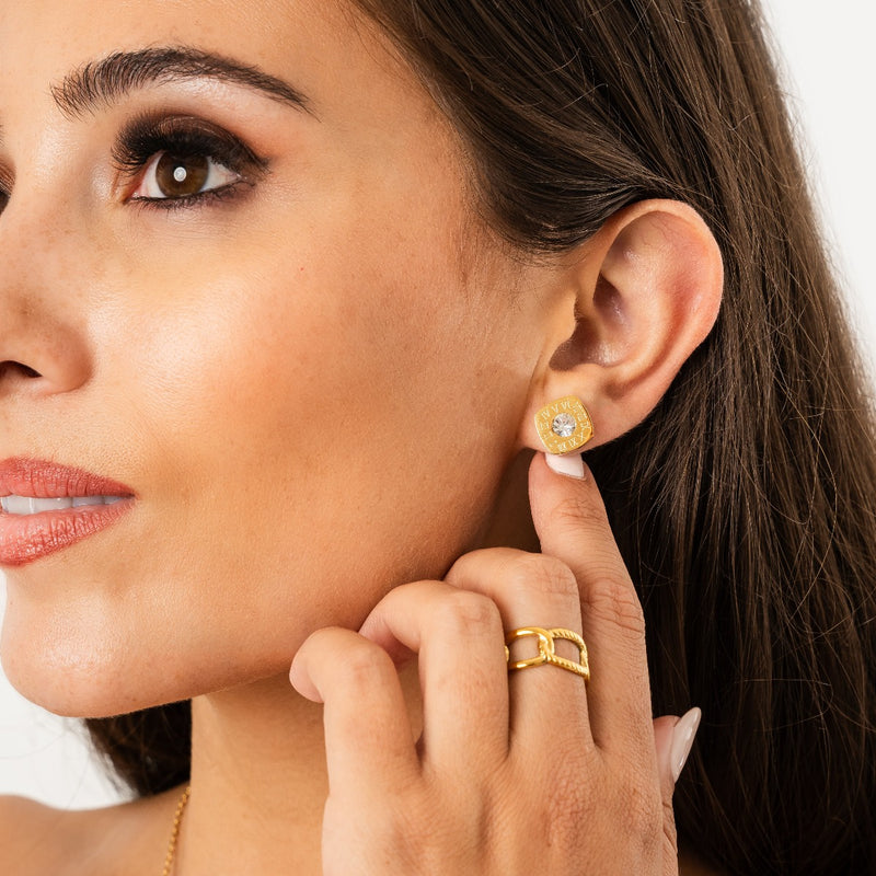 Square Latin Stud Stone Earrings - Gold
