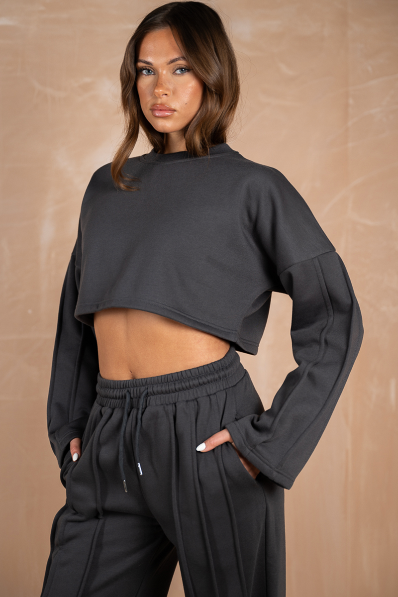 Pintuck Sleeve Cropped Sweatshirt - Charcoal