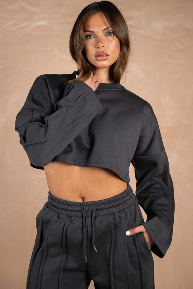 Pintuck Sleeve Cropped Sweatshirt - Charcoal