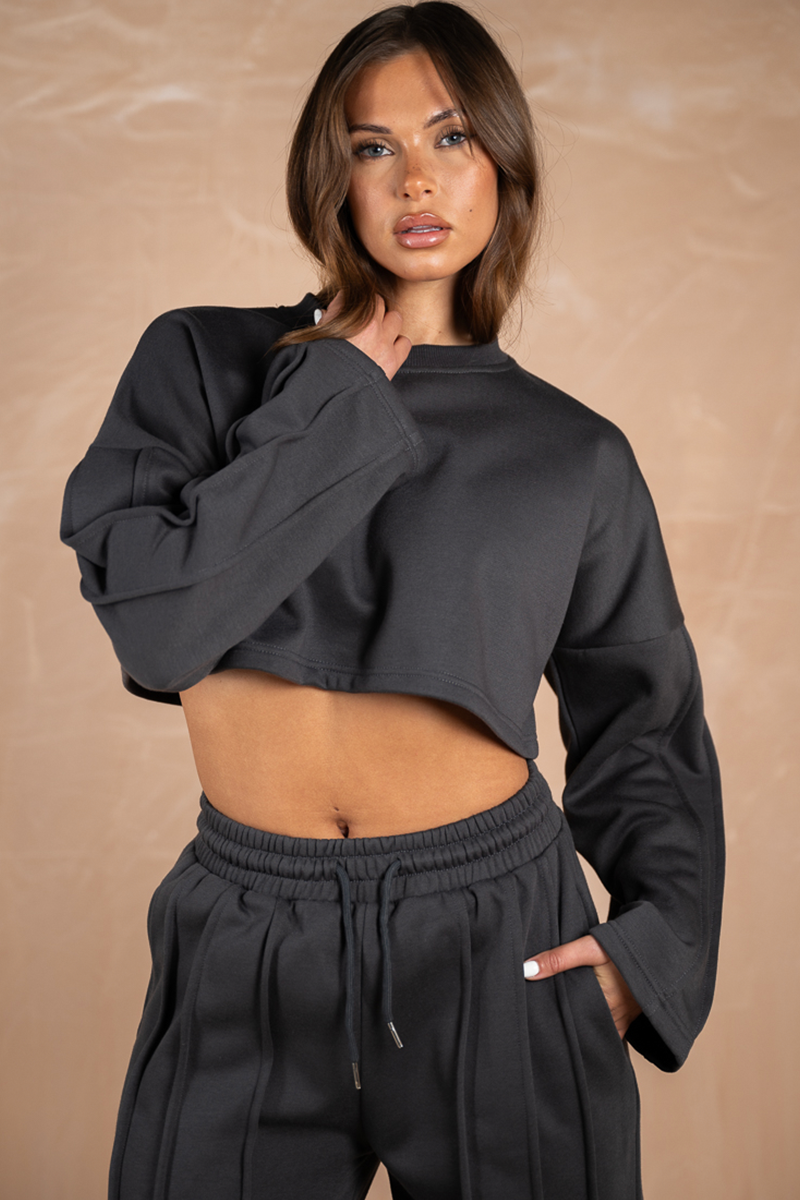 Pintuck Sleeve Cropped Sweatshirt - Charcoal