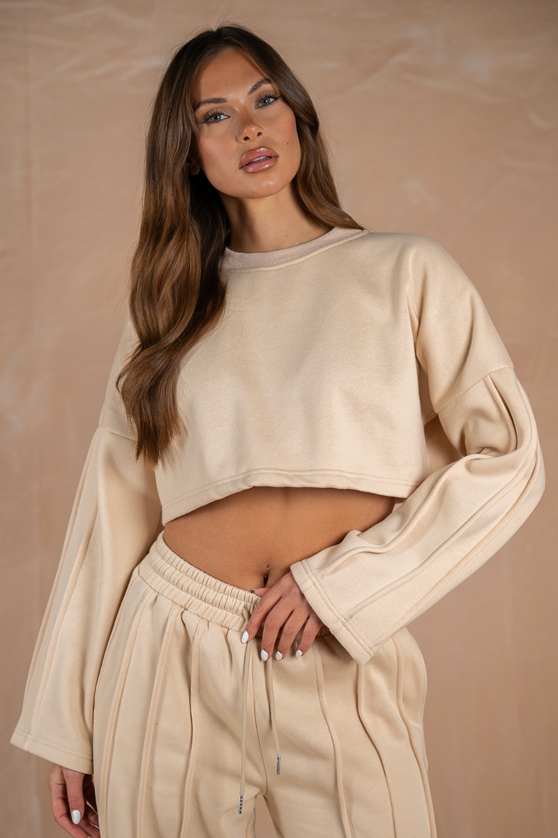 Pintuck Sleeve Cropped Sweatshirt - Stone