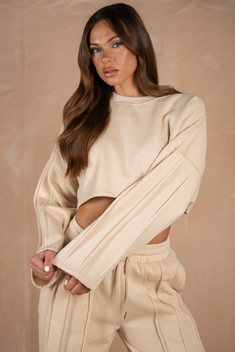 Pintuck Sleeve Cropped Sweatshirt - Stone