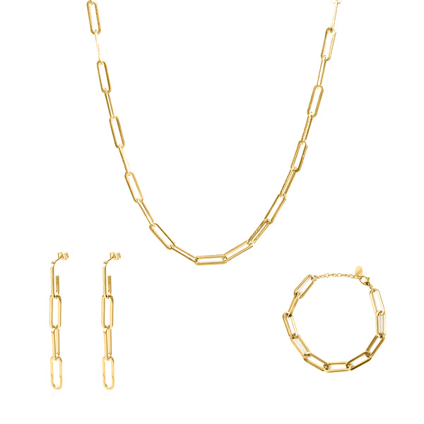 Clip Chain 3 Piece Full Set (Necklace, Bracelet, Earrings) - Gold