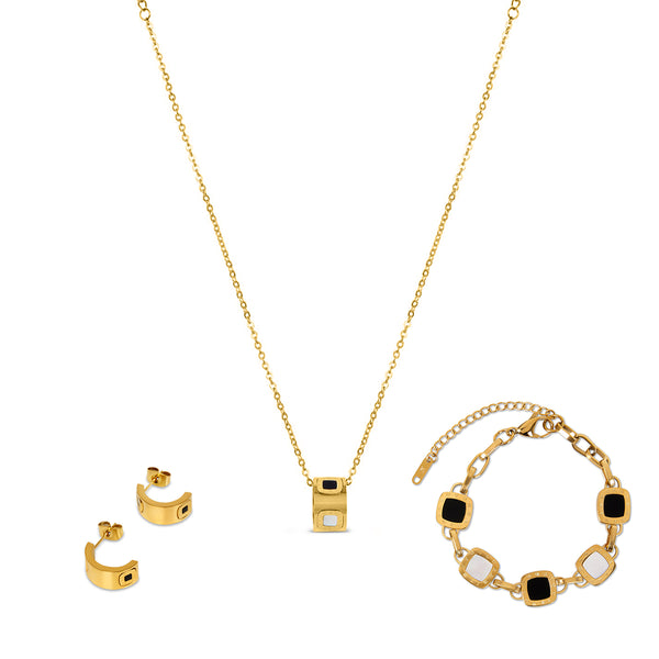 Monochrome 3 Piece Full Set (Necklace, Bracelet, Earrings) - Gold