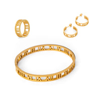 Hollow Numerals Full 3 Piece Set (Bracelet, Ring Earrings) - Gold