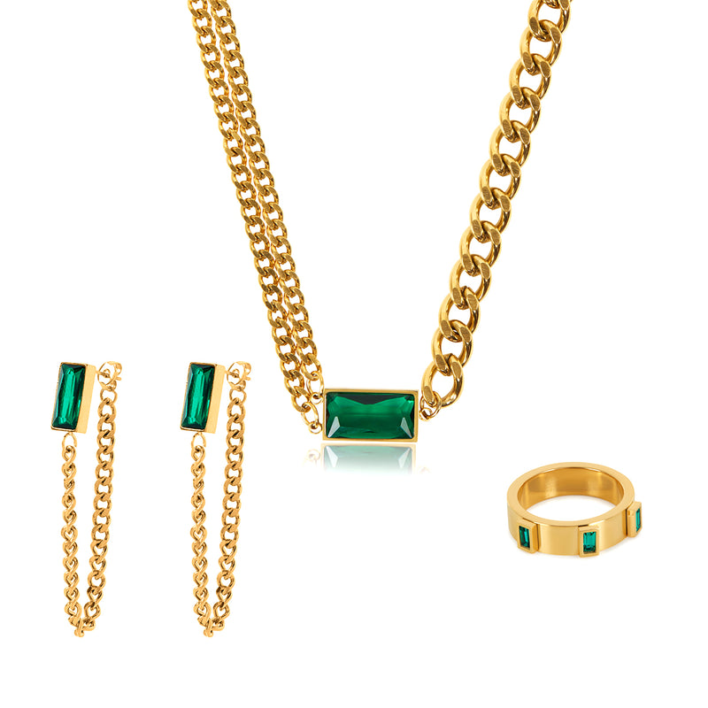 Emerald 3 Piece Full Set (Necklace, Ring, Earrings) - Gold