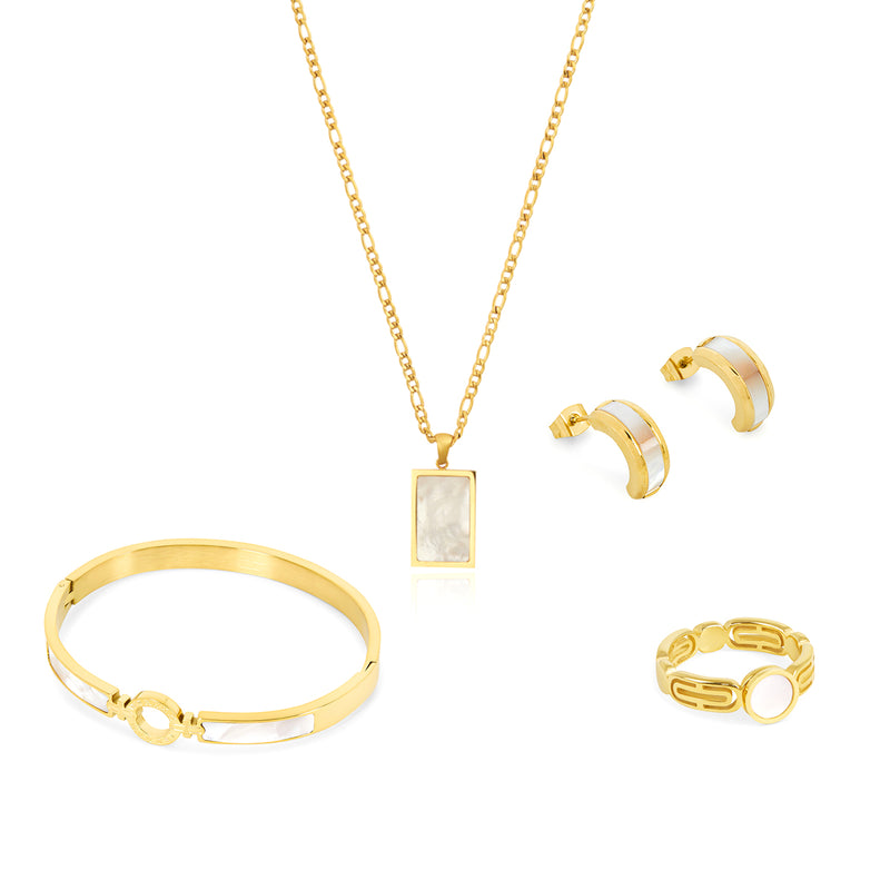 Shell Marble 4 Piece Full Set (Necklace, Ring, Bracelet, Earrings) - Gold