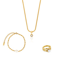 Pearl 3 Piece Full Set (Bracelet, Necklace, Ring) - Gold