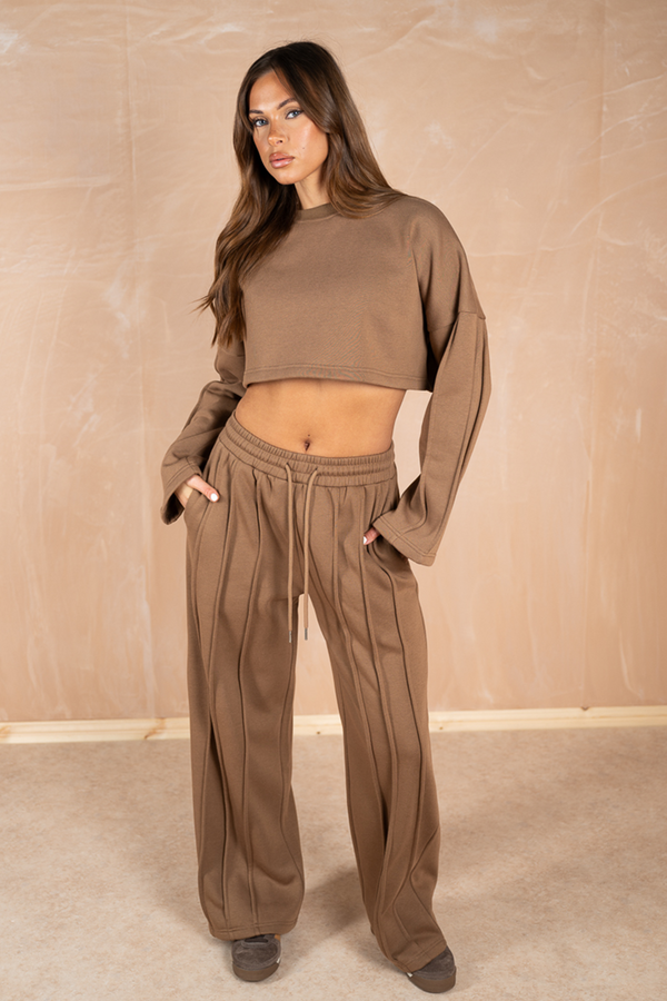 Pintuck Sleeve Cropped Sweatshirt - Brown