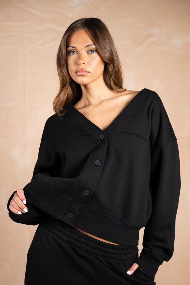 Relaxed Jersey V-Neck Cardigan - Black