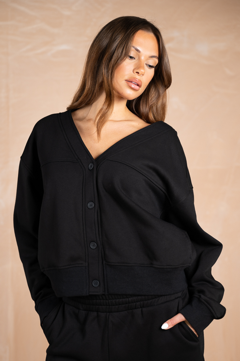 Relaxed Jersey V-Neck Cardigan - Black