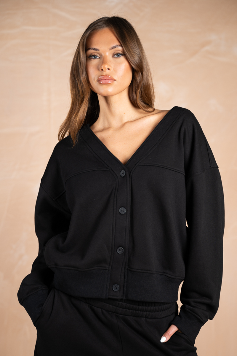 Relaxed Jersey V-Neck Cardigan - Black