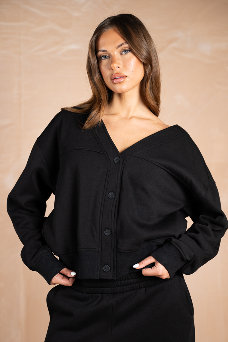 Relaxed Jersey V-Neck Cardigan - Black