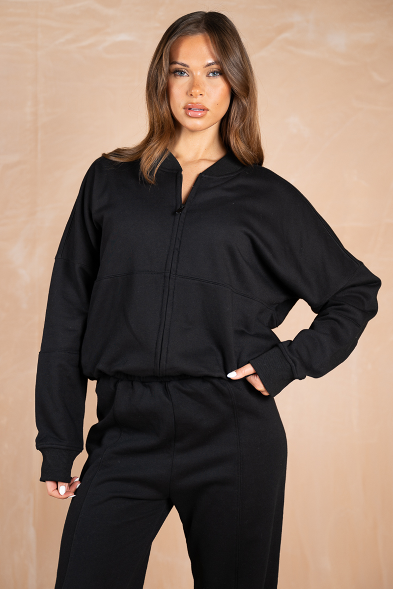 Relaxed Zip-Up Bomber Jacket - Black