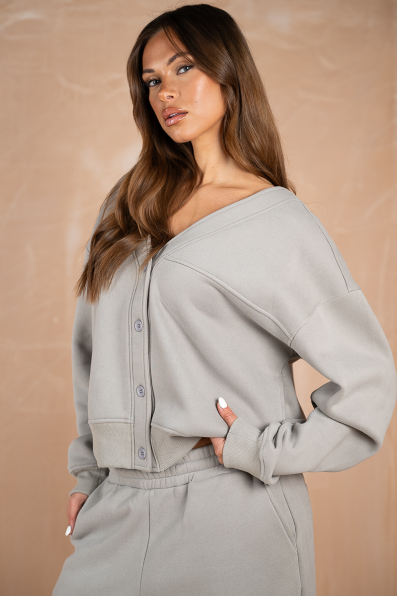 Relaxed Jersey V-Neck Cardigan - Grey