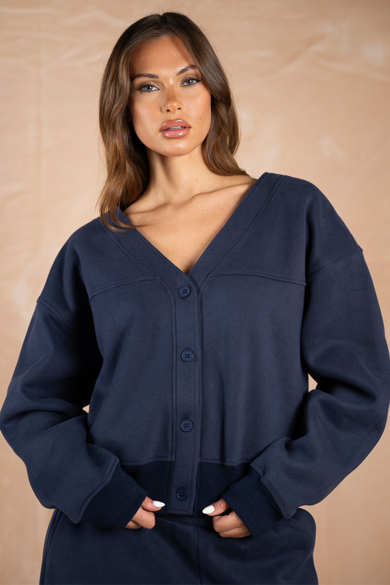 Relaxed Jersey V-Neck Cardigan - Navy