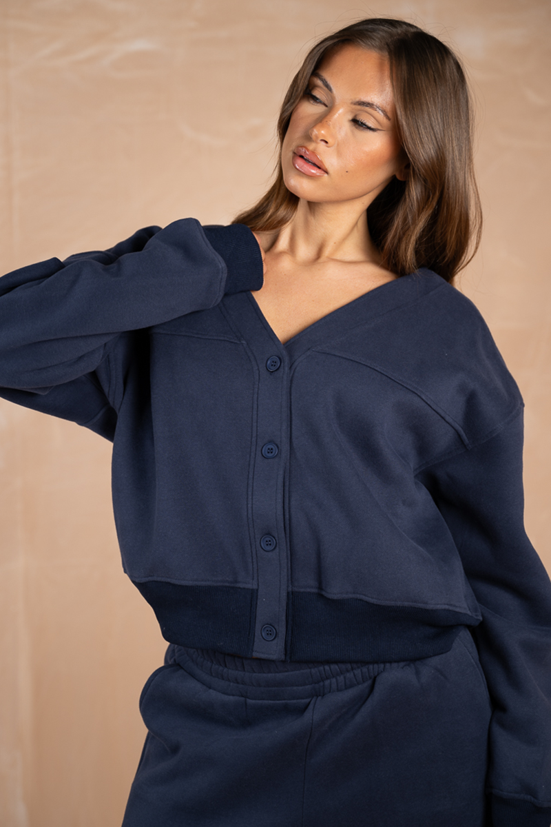 Relaxed Jersey V-Neck Cardigan - Navy