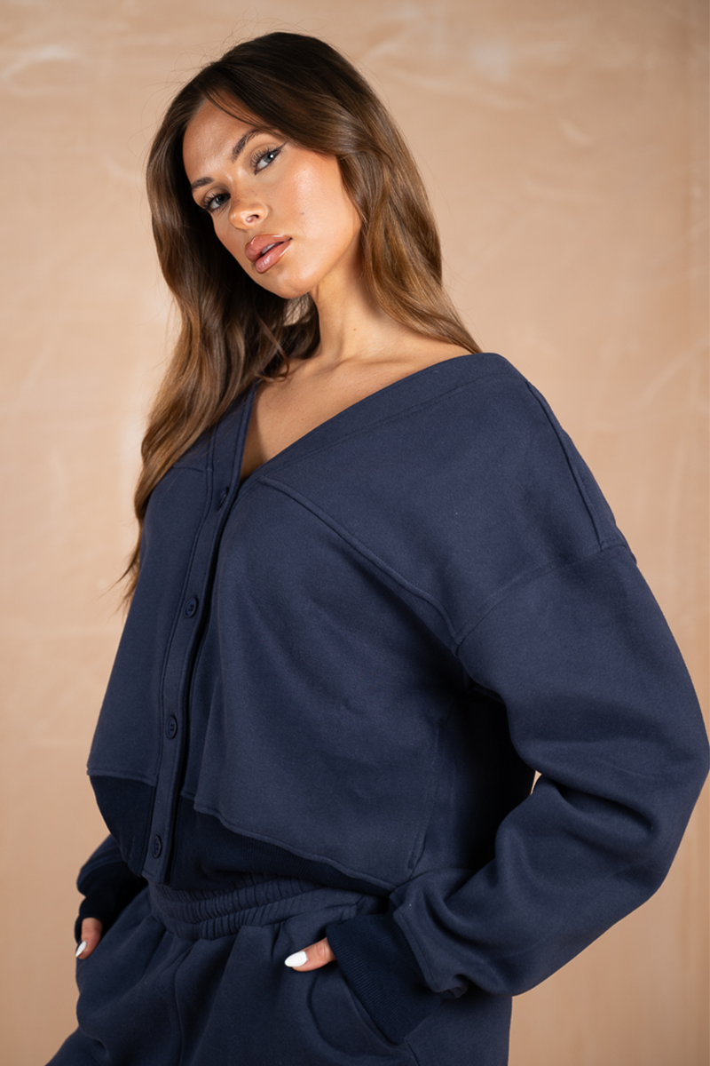 Relaxed Jersey V-Neck Cardigan - Navy