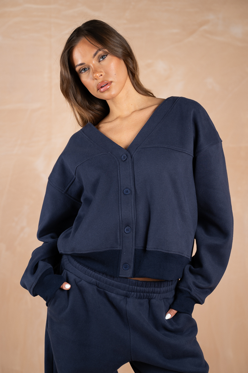 Relaxed Jersey V-Neck Cardigan - Navy